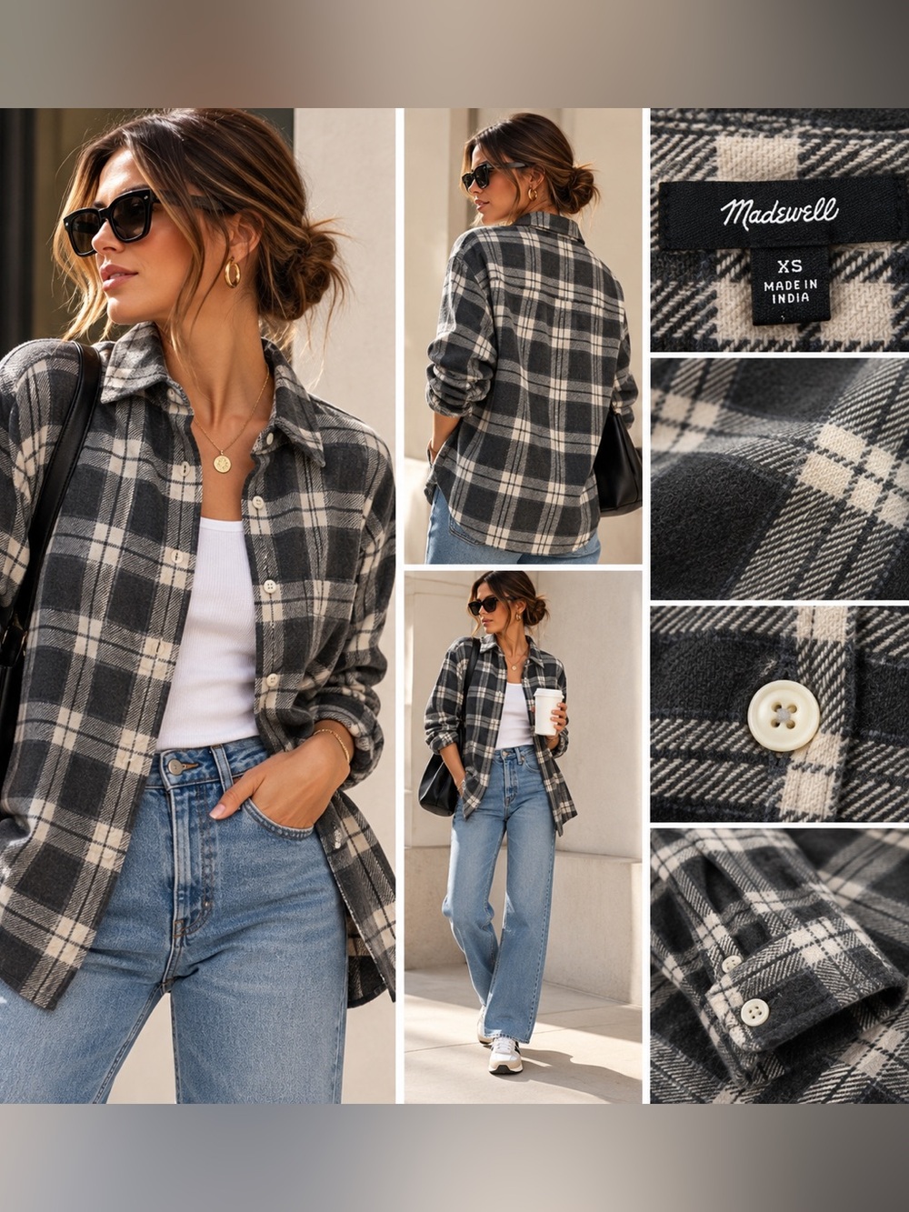 Madewell Plaid Oversized Flannel Shirt Gray Cream XS Like New